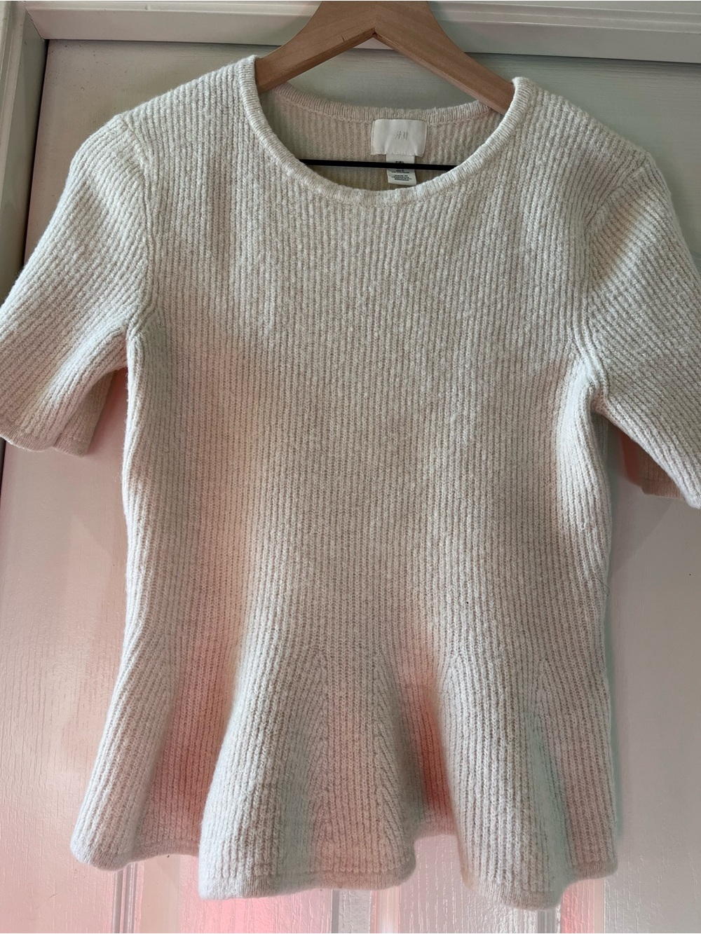 Cream Ribbed Short-Sleeve Sweater Peplum Top